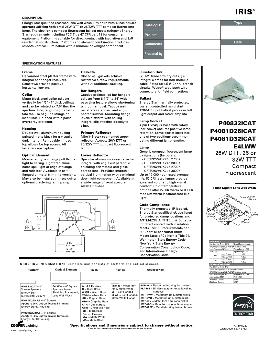 IRIS P4081D26ICAT specifications Frame, Collar, Housing, Optical Element, Gaskets, Bar Hangers, Primary Reflector, Ballast 