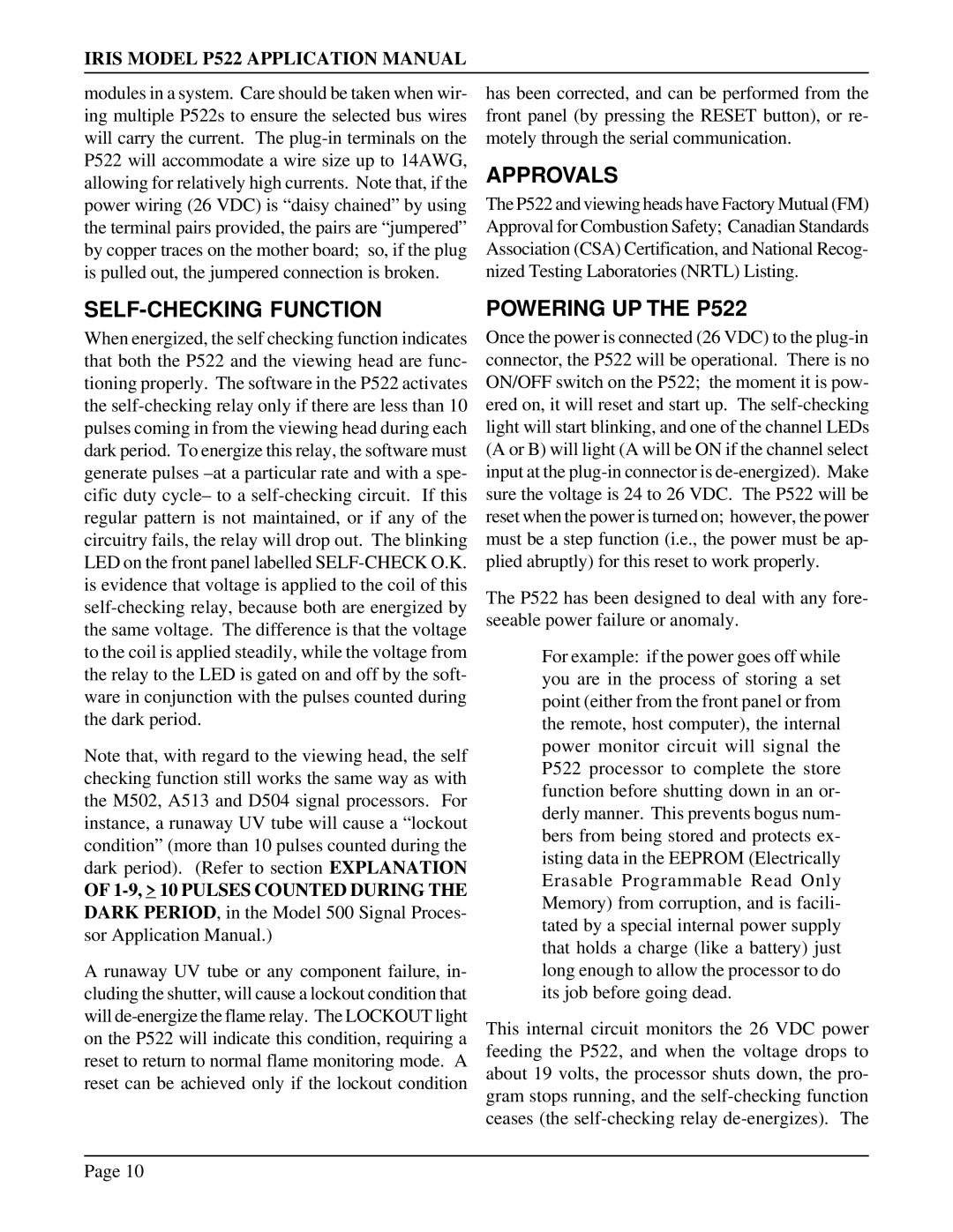 IRIS manual Approvals, SELF-CHECKING Function, Powering UP the P522, 1-9, 10 Pulses Counted During 