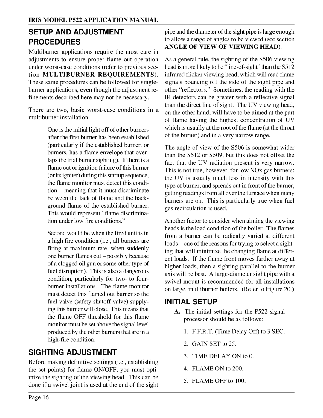 IRIS P522 manual Setup and Adjustment, Procedures, Initial Setup, Sighting Adjustment, Angle of View of Viewing Head 