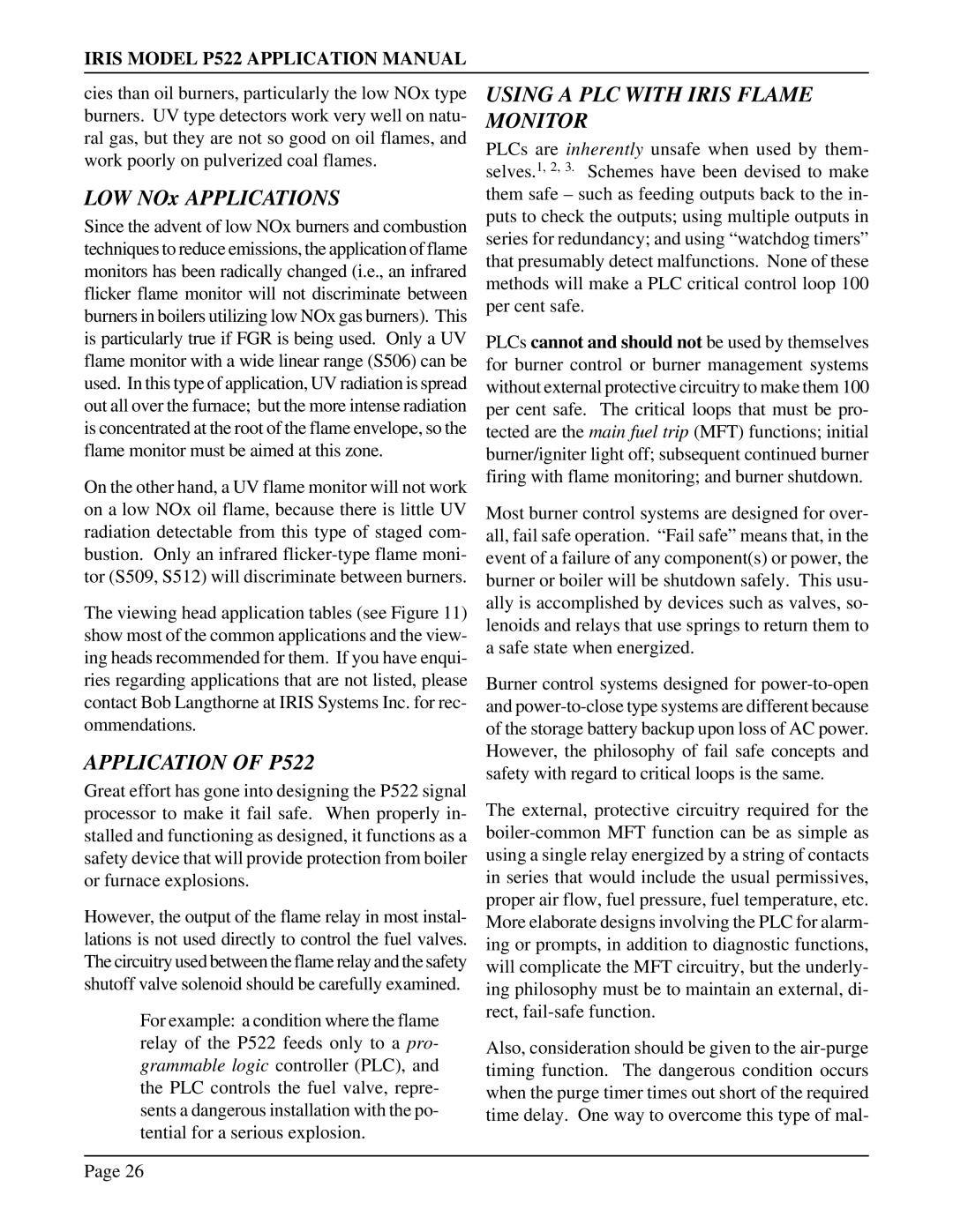 IRIS manual Using a PLC with Iris Flame, Monitor, Application of P522 