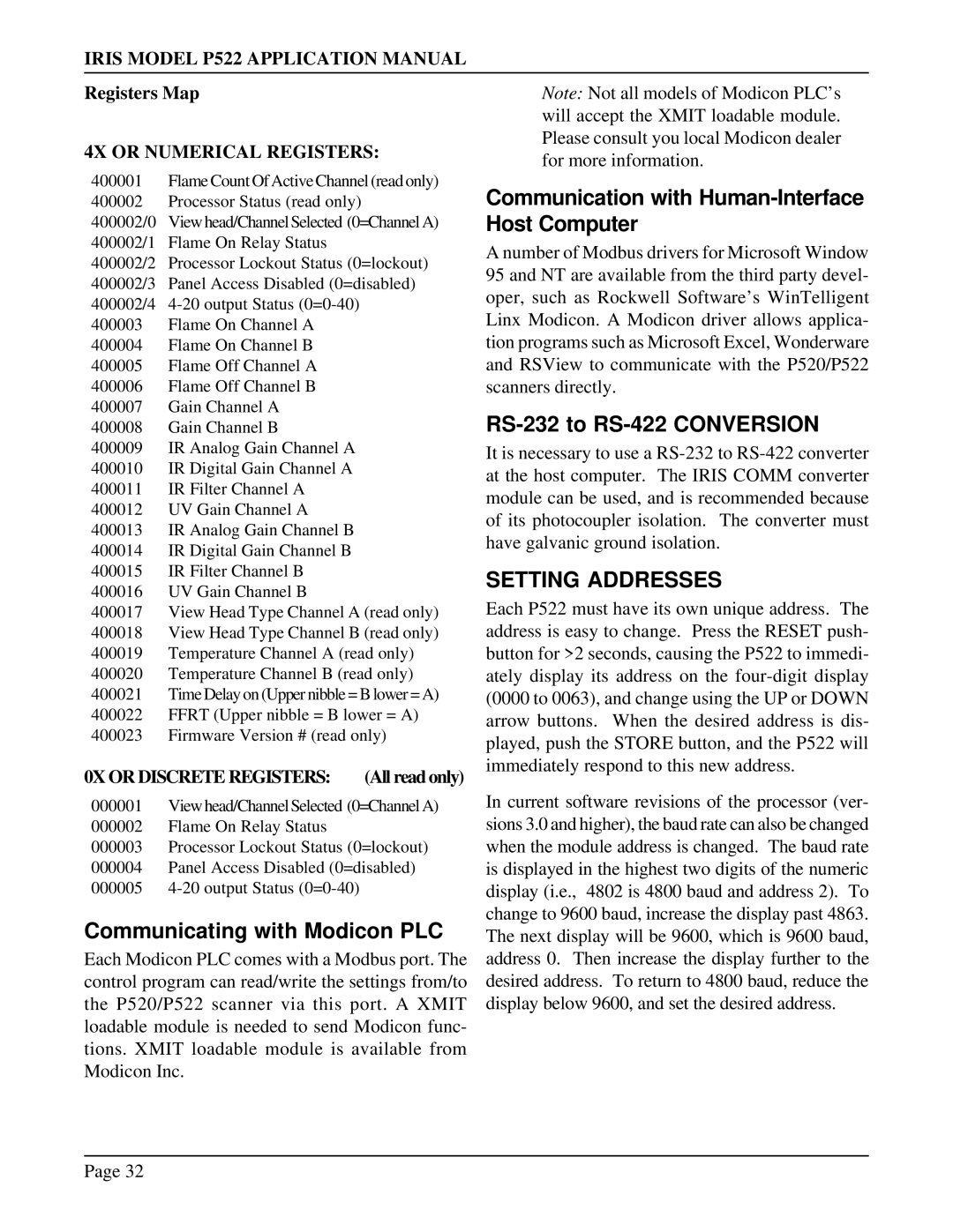 IRIS P522 manual Setting Addresses, 0X or Discrete Registers 