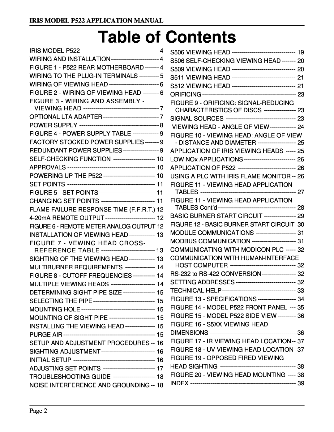 IRIS manual Table of Contents, IRIS MODEL P522 APPLICATION MANUAL 