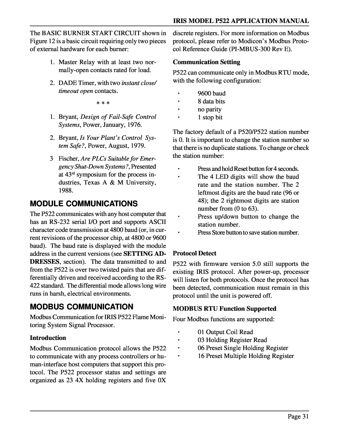 IRIS P522 manual Module Communications, Modbus Communication, Introduction, Communication Setting, Protocol Detect 