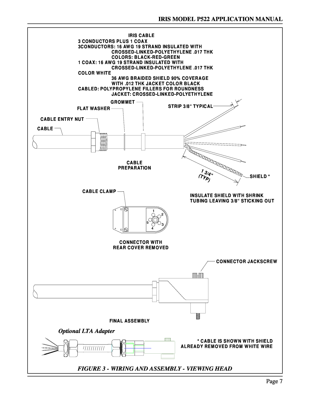 IRIS manual 3/4“, IRIS MODEL P522 APPLICATION MANUAL, Optional LTA Adapter, Wiring And Assembly - Viewing Head 