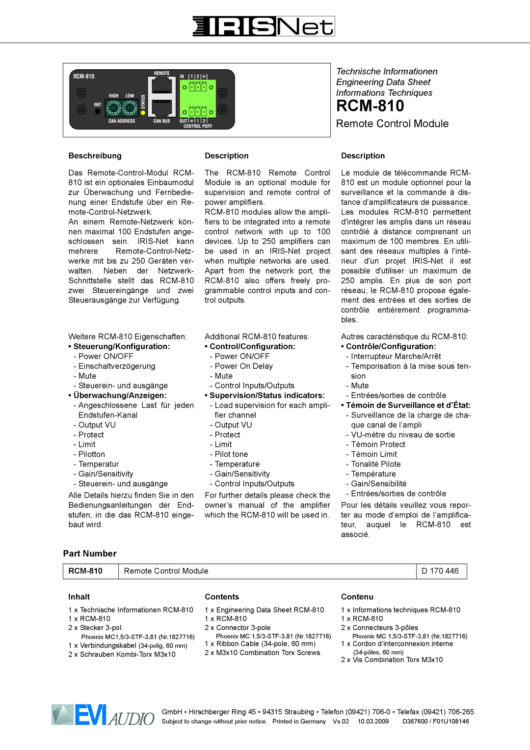 IRIS RCM-810 owner manual Part Number 