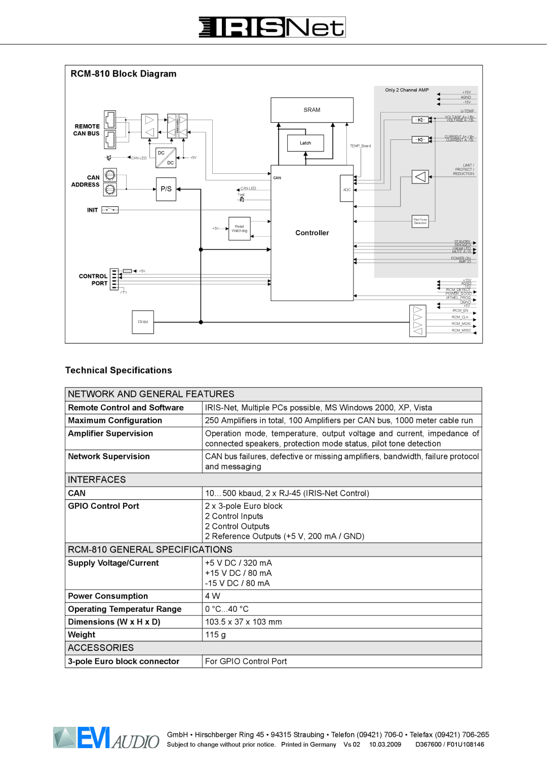 IRIS owner manual RCM-810 Block Diagram, Technical Specifications 