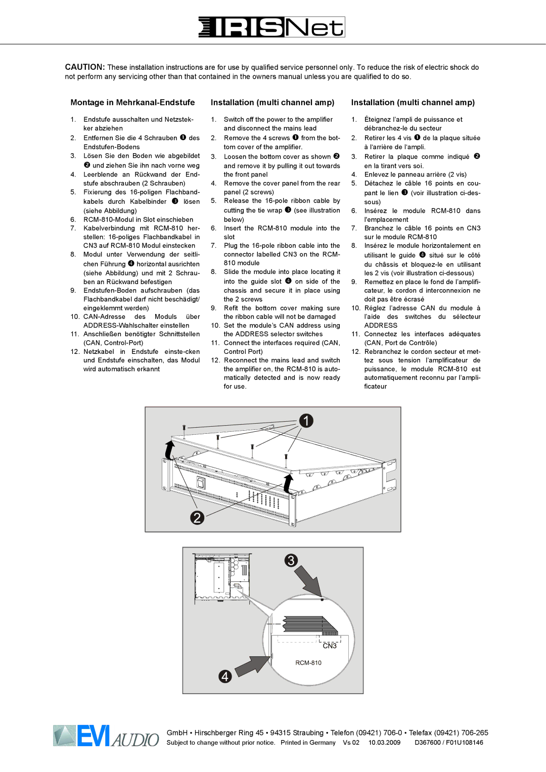 IRIS RCM-810 owner manual Montage in Mehrkanal-Endstufe, Installation multi channel amp 