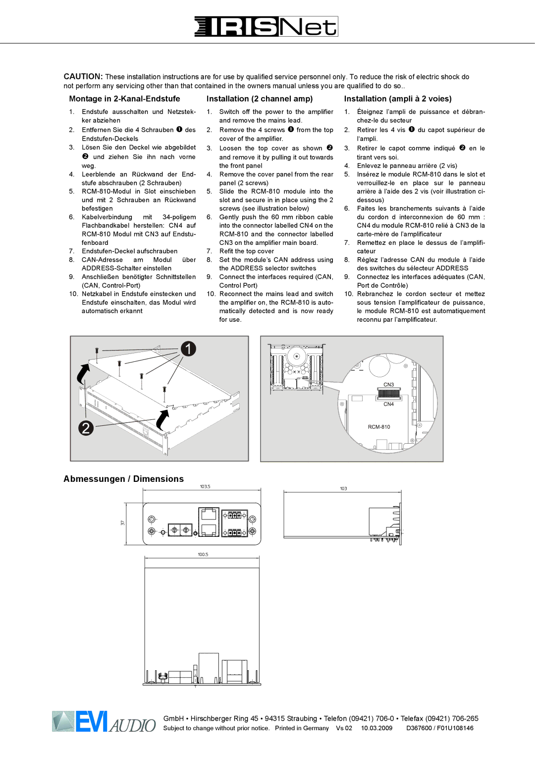 IRIS RCM-810 owner manual Abmessungen / Dimensions, Montage in 2-Kanal-Endstufe, Installation 2 channel amp 