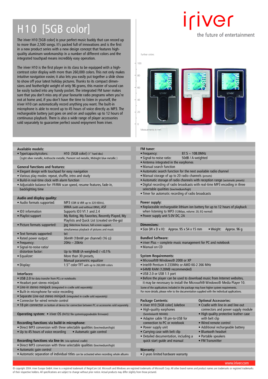 IRiver 5GB COLOR manual Available models, General functions and features, Audio and display quality FM tuner, Power supply 