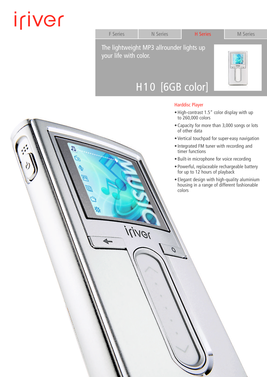 IRiver manual H10 6GB color, The lightweight MP3 allrounder lights up your life with color, F Series, N Series 