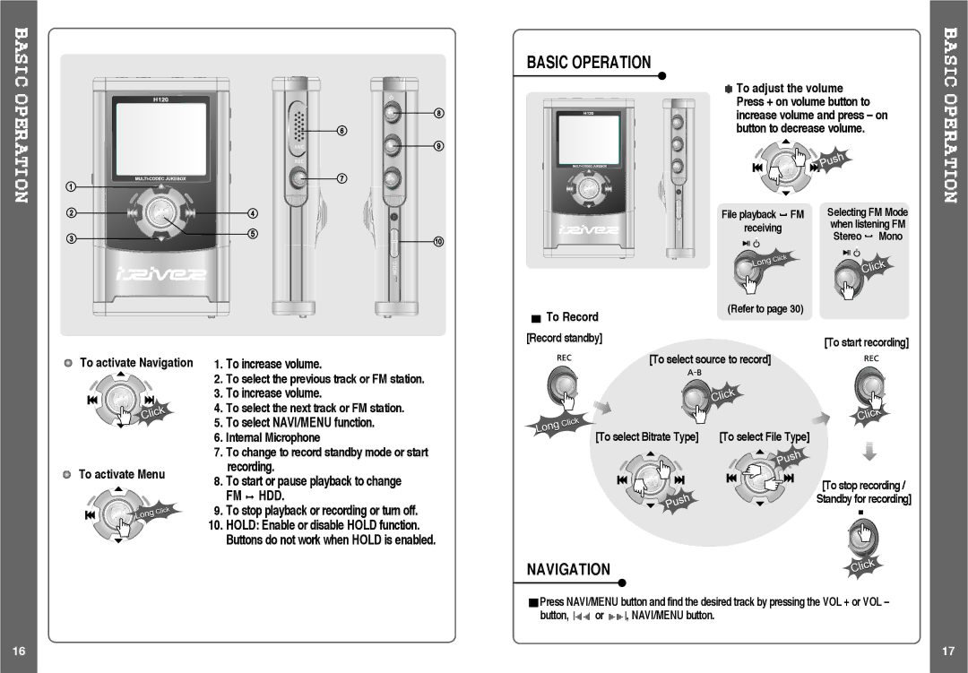 IRiver H120 instruction manual Navigation, Fm Hdd 