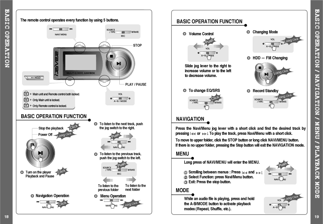 IRiver H120 instruction manual Menu, Mode, Basic Operation Function 