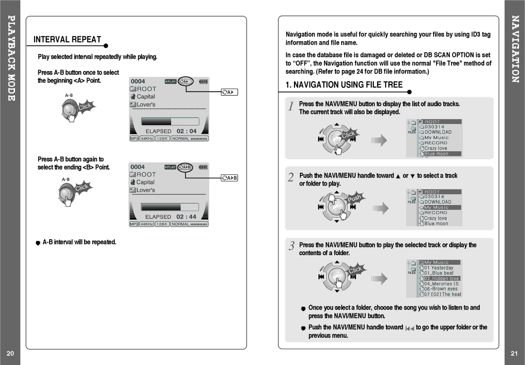 IRiver H120 instruction manual Interval Repeat, Navigation Using File Tree, Play selected interval repeatedly while playing 