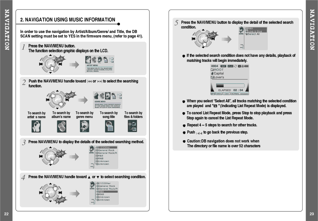 IRiver H120 instruction manual Navigation Using Music Information 