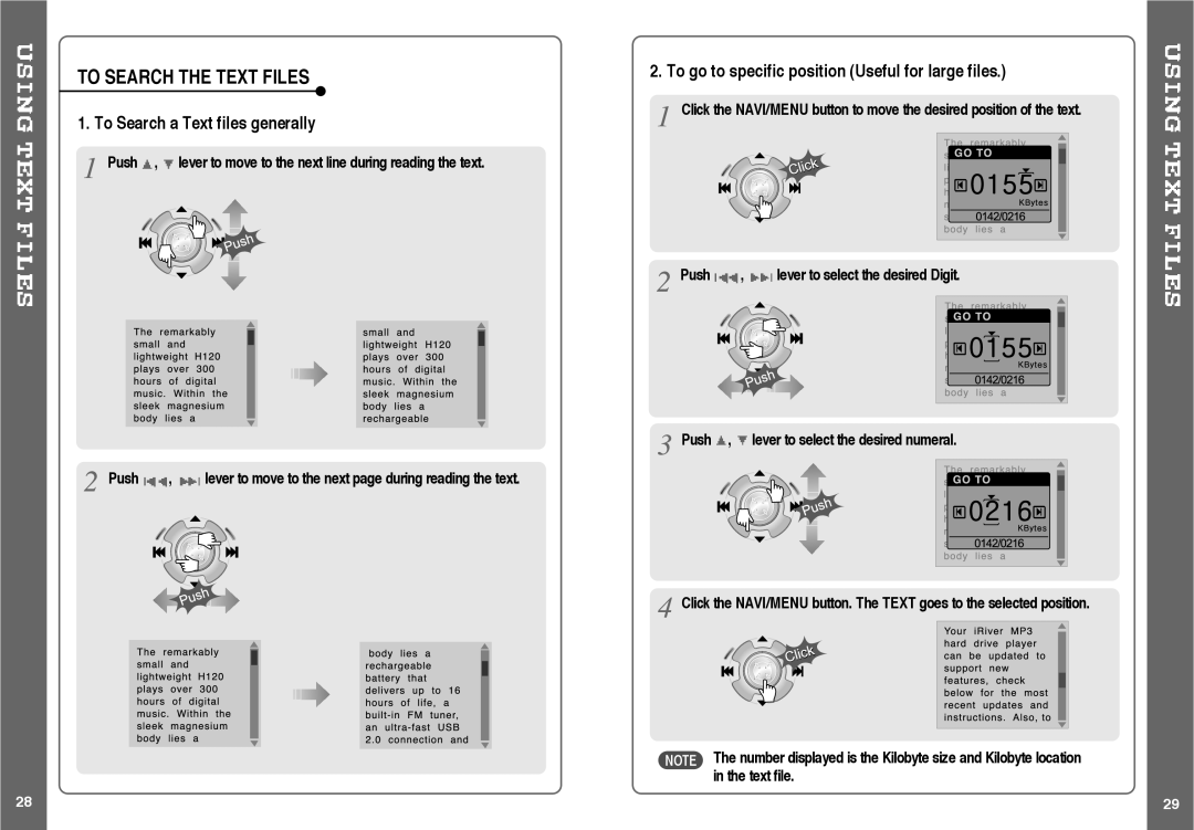 IRiver H120 To Search the Text Files, To Search a Text files generally, To go to specific position Useful for large files 