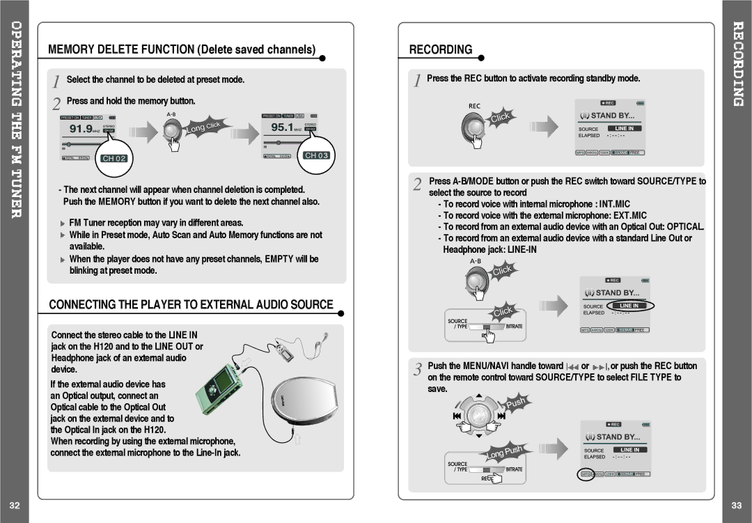 IRiver H120 instruction manual Connecting the Player to External Audio Source, Recording 