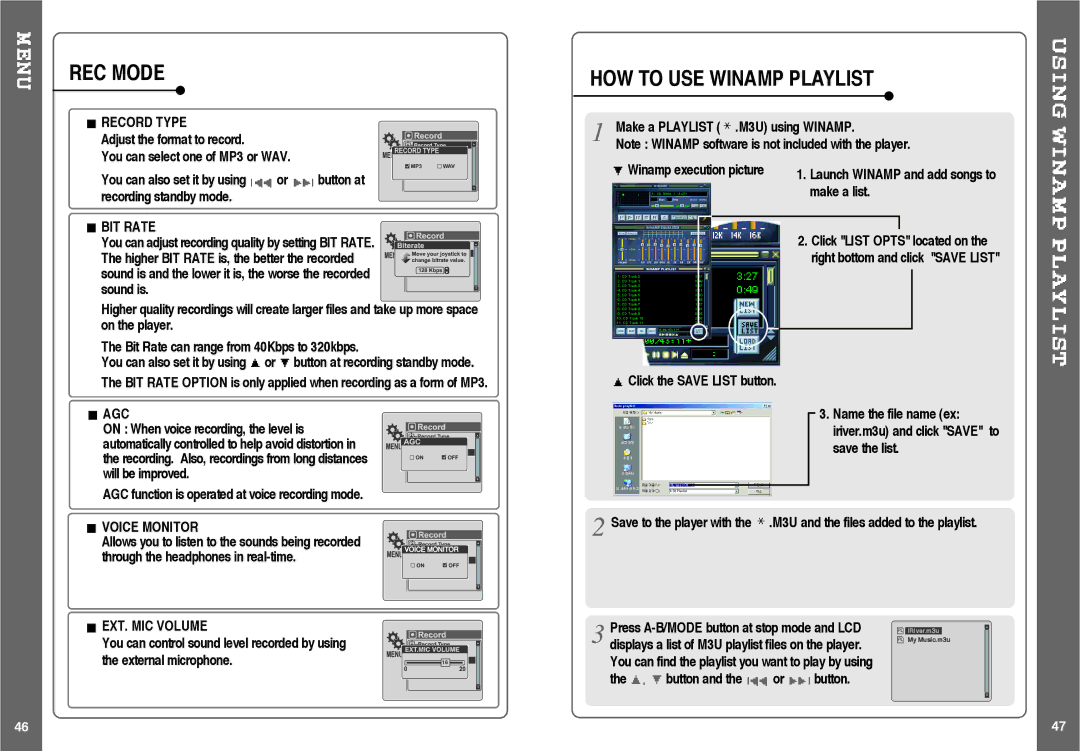 IRiver H120 instruction manual REC Mode, HOW to USE Winamp Playlist 