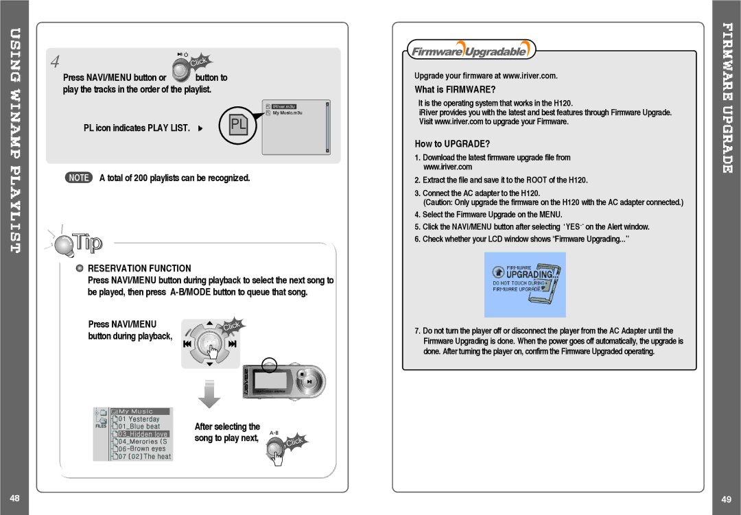 IRiver H120 instruction manual PL icon indicates Play List, Reservation Function, What is FIRMWARE?, How to UPGRADE? 