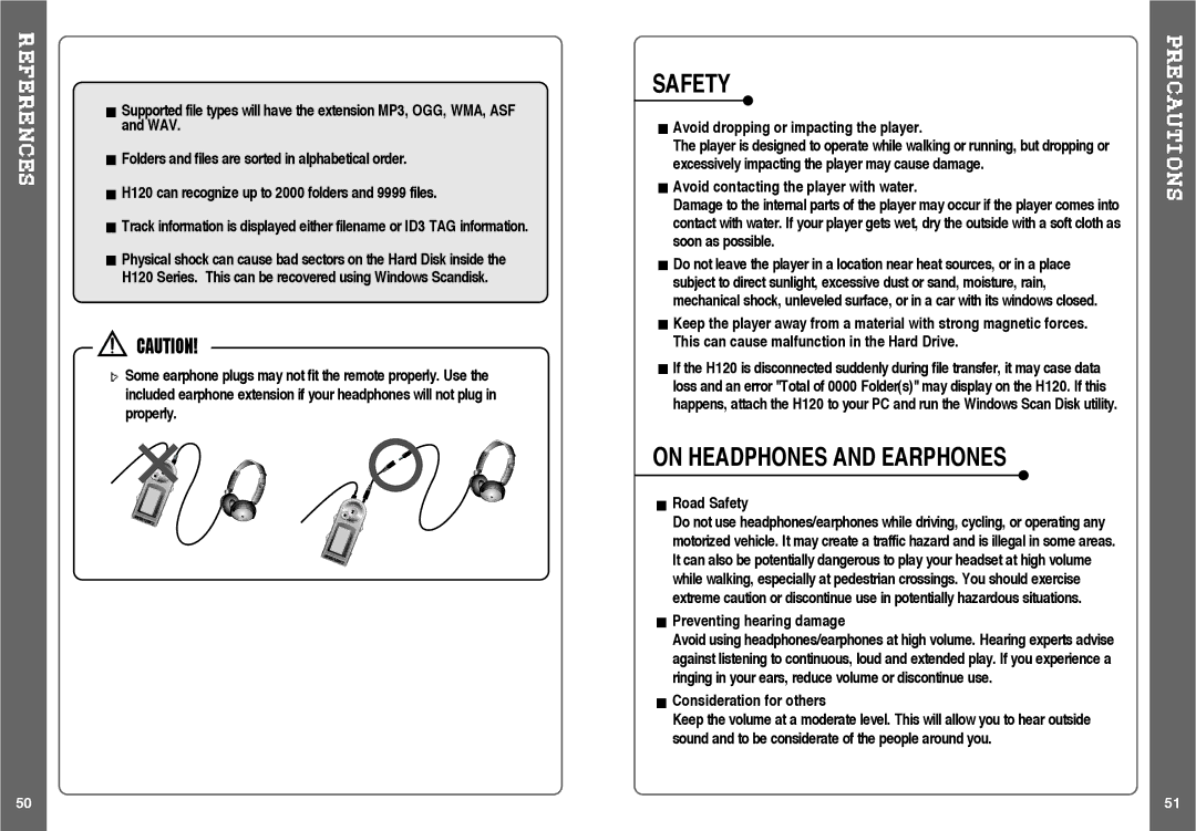 IRiver H120 instruction manual Avoid dropping or impacting the player, Avoid contacting the player with water, Road Safety 