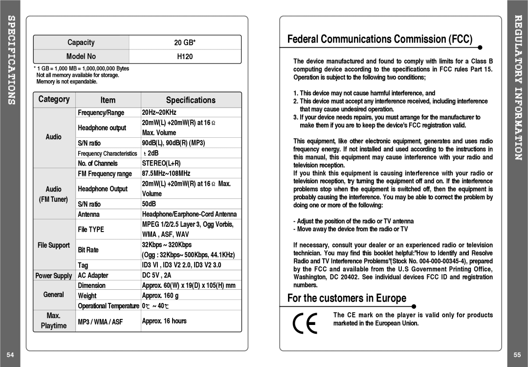 IRiver H120 instruction manual Stereol+R, Wma , Asf, Wav, MP3 / WMA / ASF 