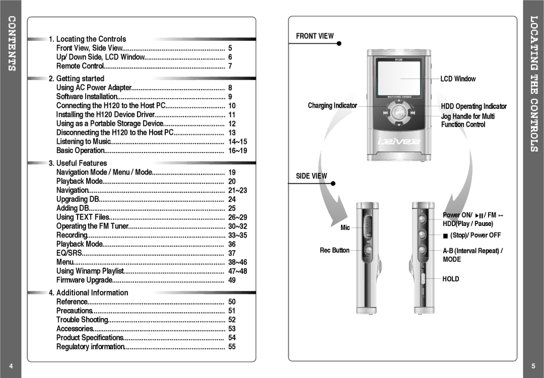 IRiver H120 instruction manual Front View, Side View 