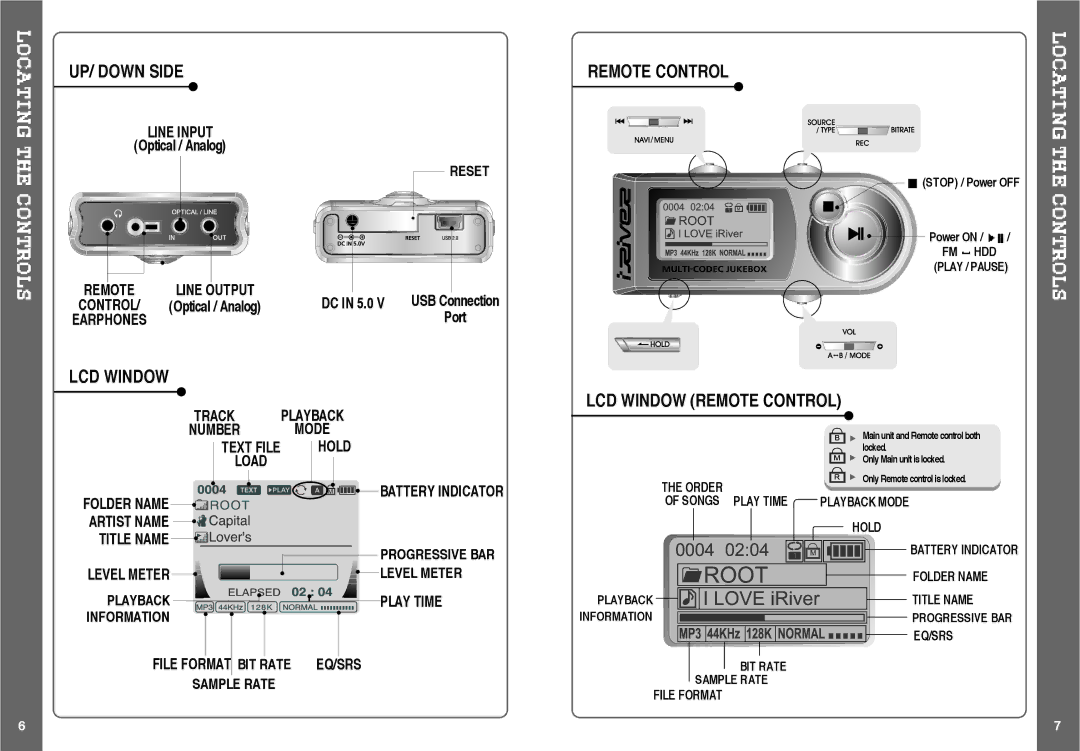 IRiver H120 instruction manual UP/ Down Side, LCD Window Remote Control 