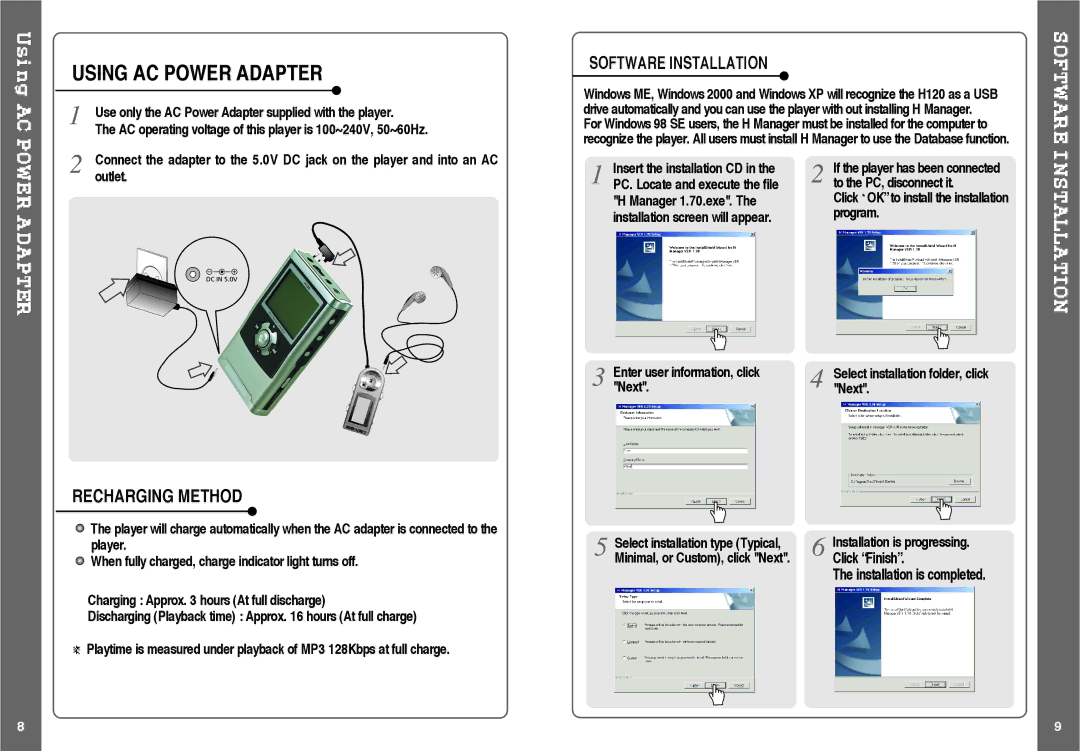 IRiver H120 instruction manual Using AC Power Adapter, Recharging Method, Software Installation, Click Finish 