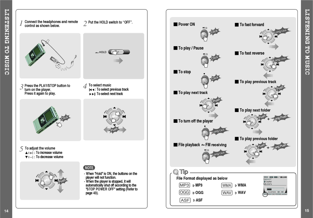 IRiver H120 instruction manual Power on To play / Pause To stop, To turn off the player, To fast forward To fast reverse 