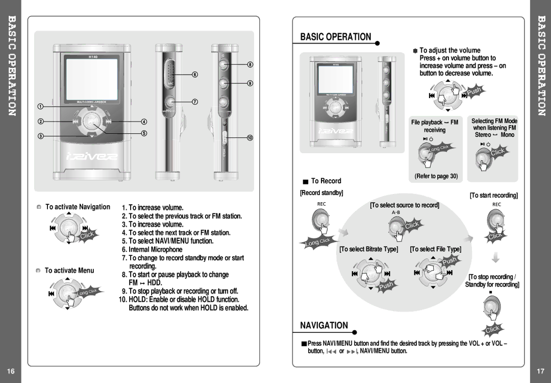 IRiver H140 instruction manual Navigation, Fm Hdd 