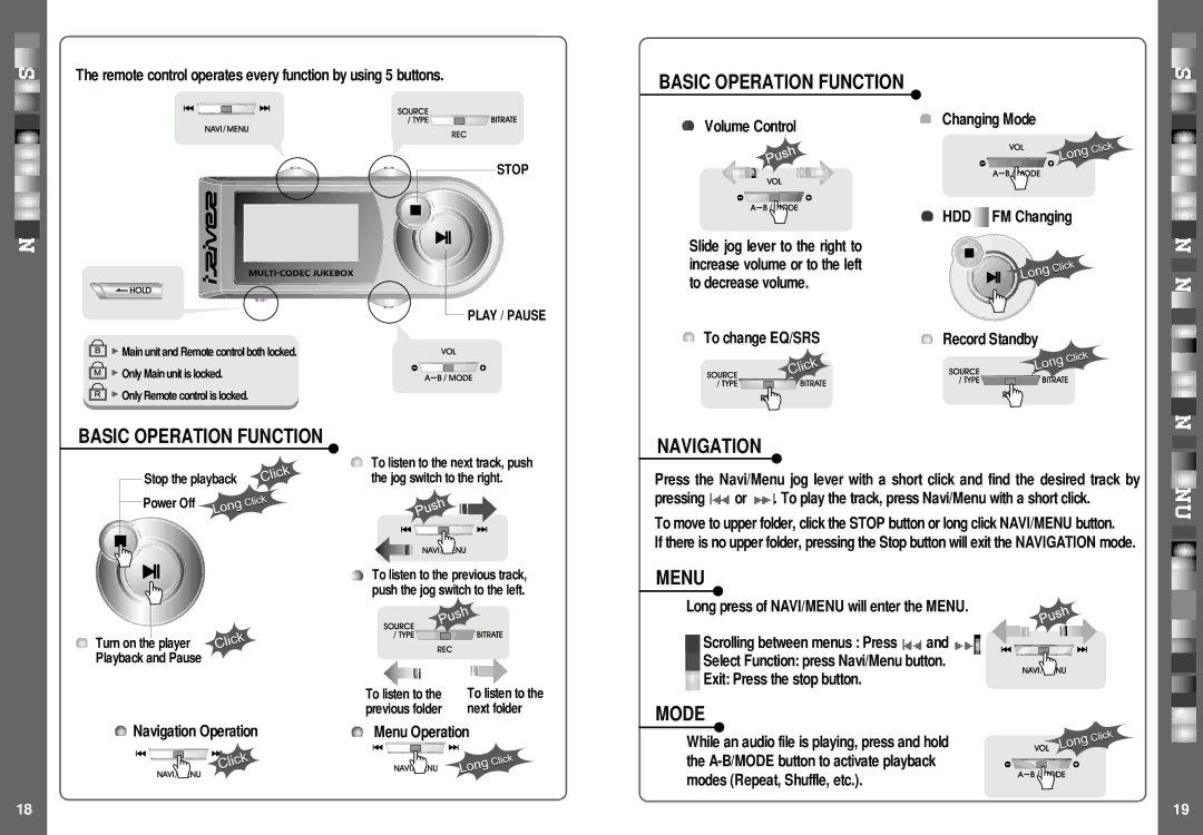 IRiver H140 instruction manual Menu, Mode, Basic Operation Function 