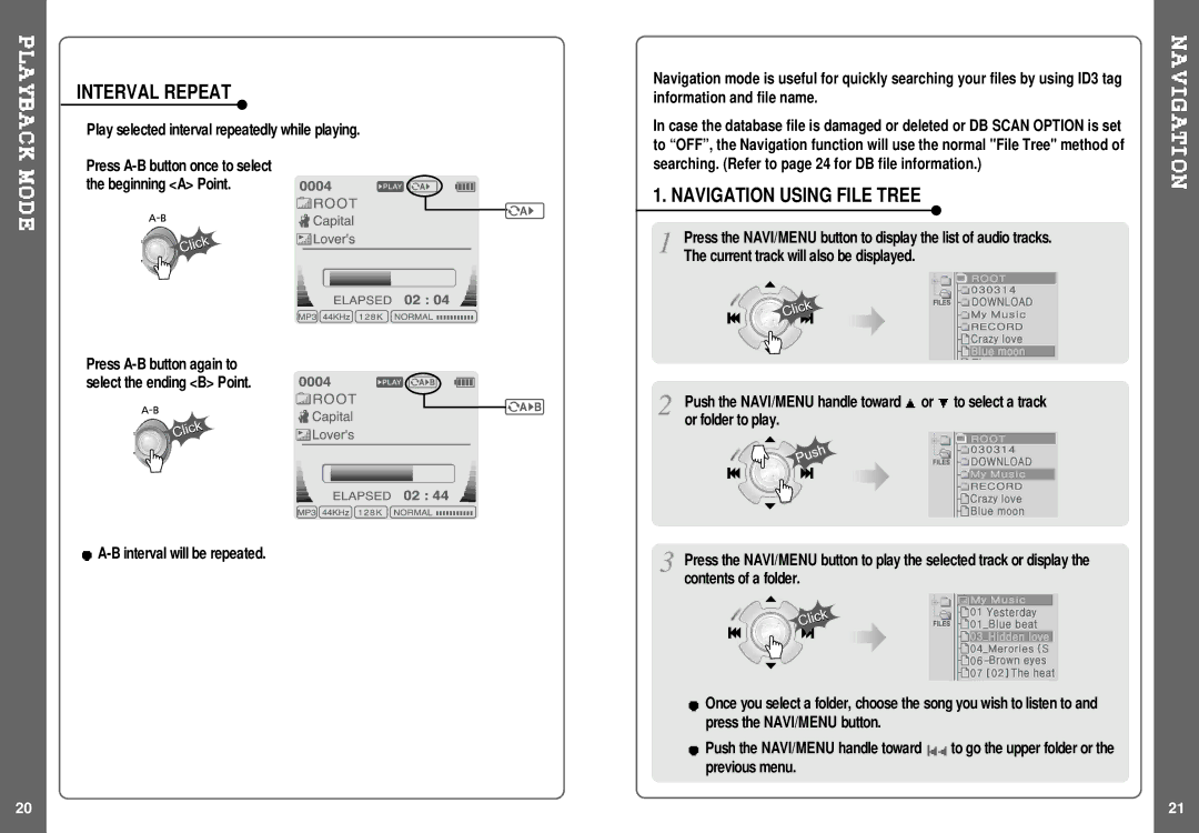 IRiver H140 instruction manual Interval Repeat, Navigation Using File Tree, Play selected interval repeatedly while playing 