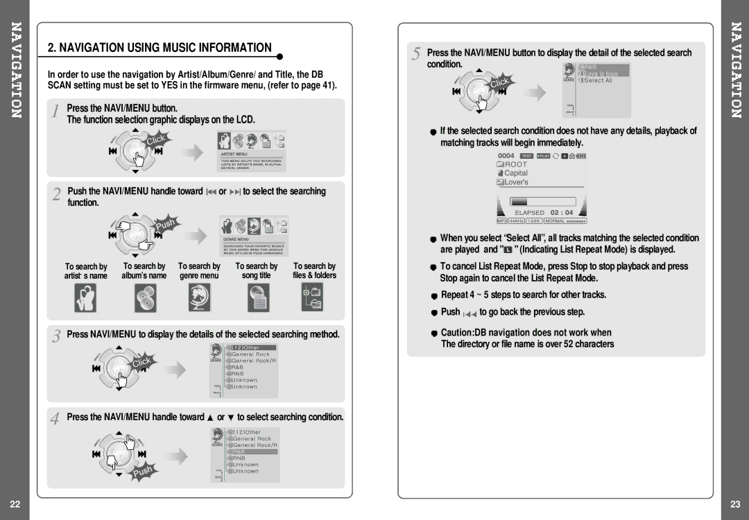 IRiver H140 instruction manual Navigation Using Music Information 