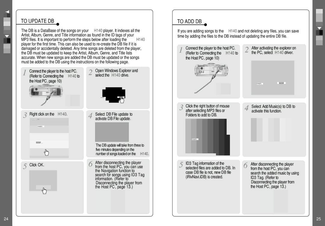 IRiver instruction manual To Update DB, To ADD DB, Select the H140 drive, Host PC, Right click on the H140 Click OK 