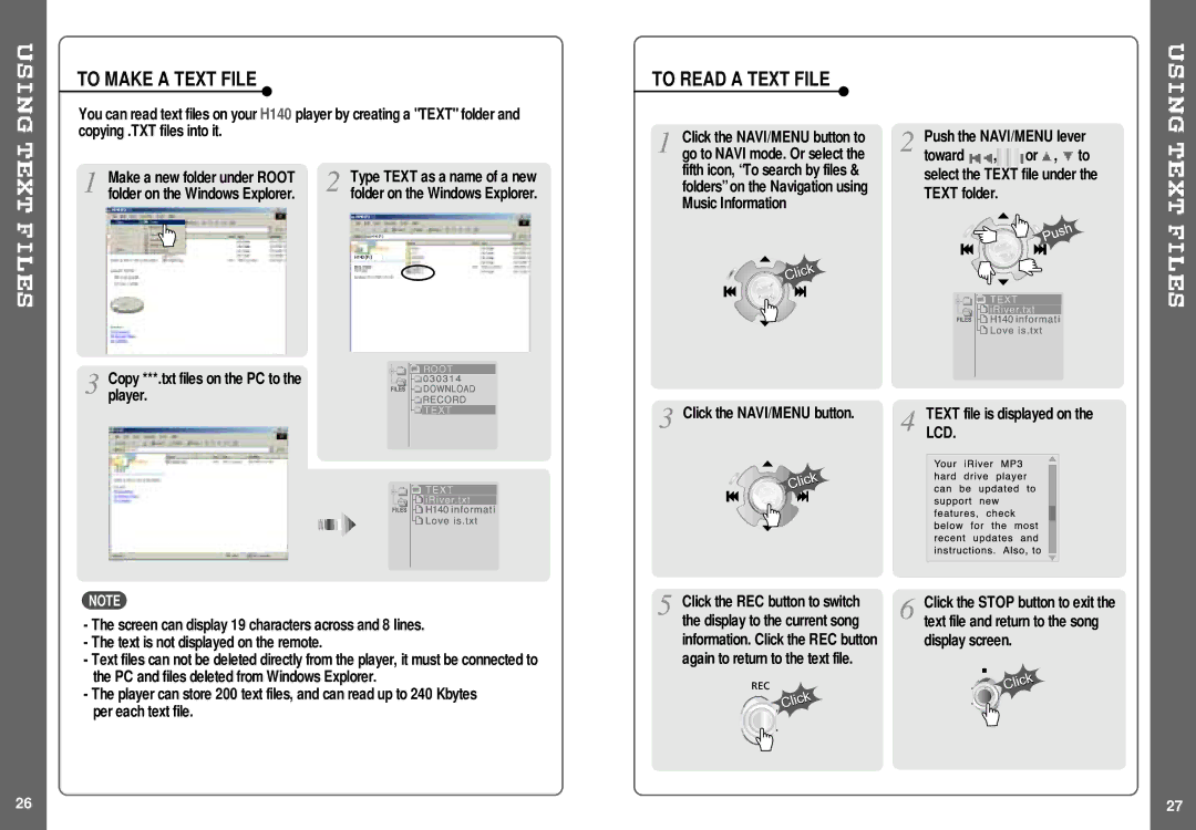 IRiver H140 To Make a Text File, To Read a Text File, Click the NAVI/MENU button, Text file is displayed on the LCD 