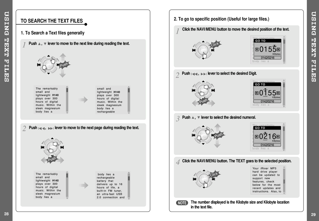 IRiver H140 instruction manual To Search the Text Files, To Search a Text files generally 