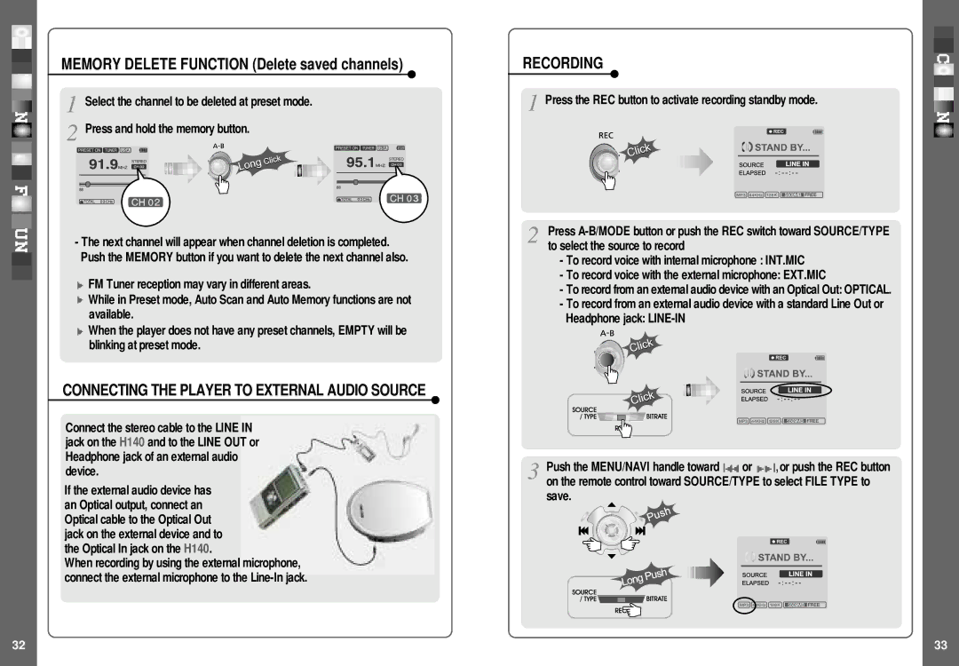 IRiver H140 instruction manual Connecting the Player to External Audio Source, Recording 