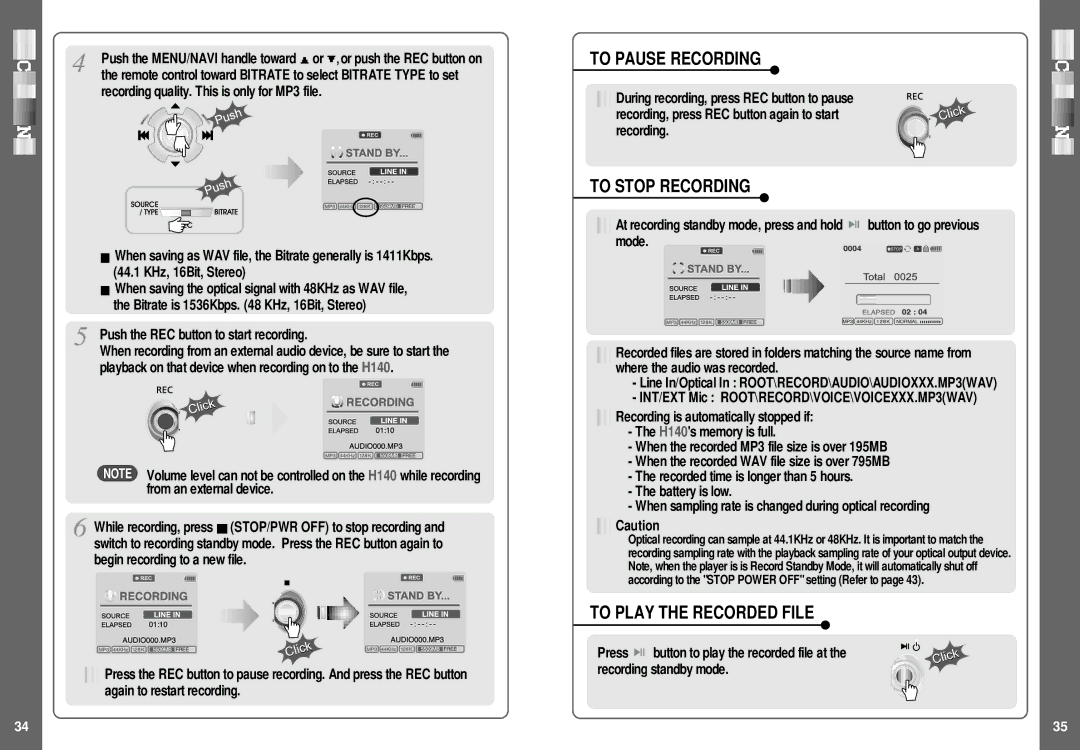 IRiver H140 instruction manual To Pause Recording, To Stop Recording, To Play the Recorded File 