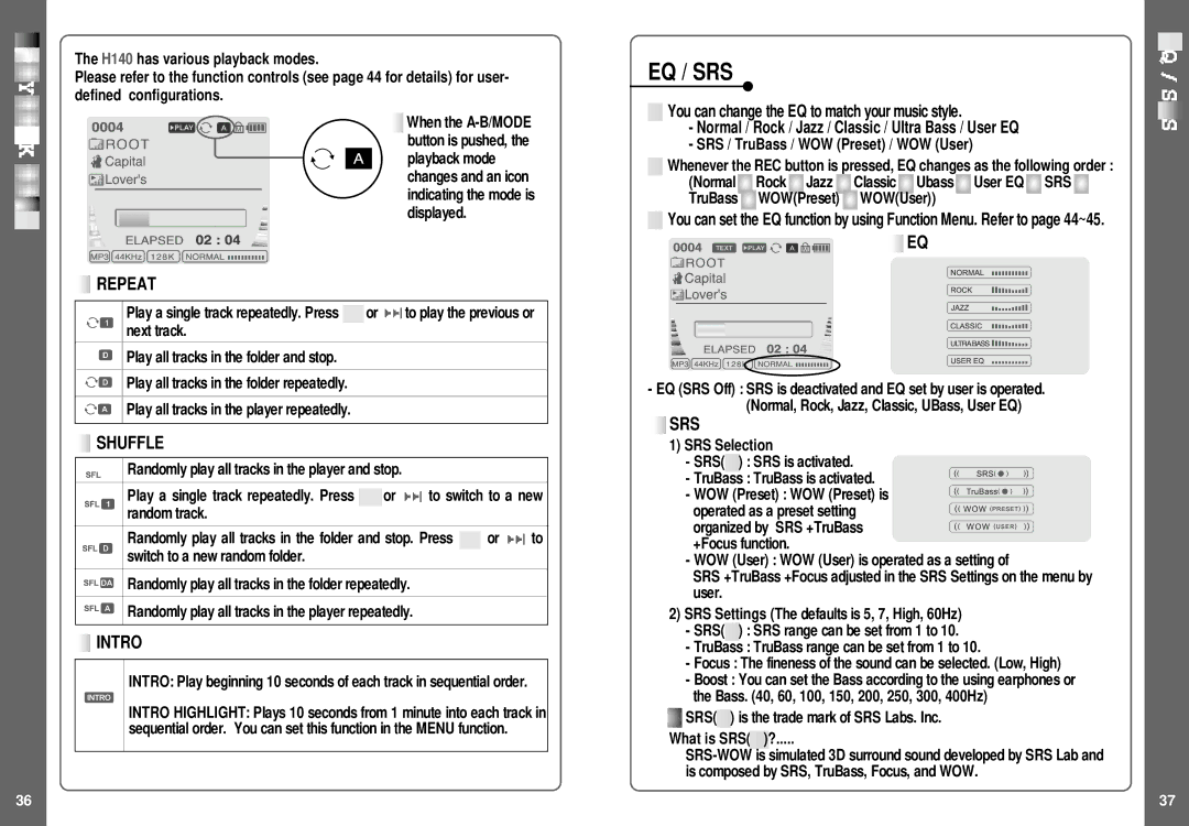 IRiver H140 instruction manual Eq / Srs, Repeat, Shuffle, Intro 