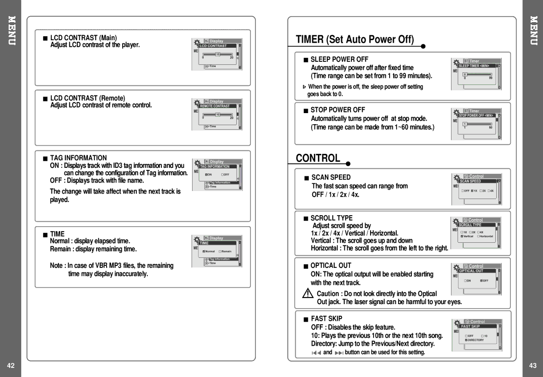 IRiver H140 instruction manual Control, TAG Information, Time, Stop Power OFF, Scan Speed 