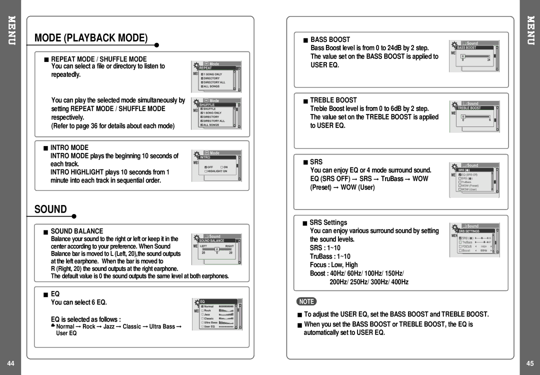 IRiver H140 instruction manual Mode Playback Mode, Sound 