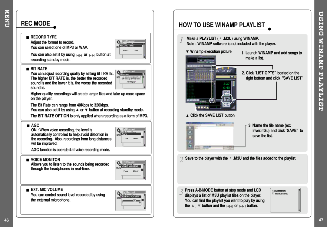 IRiver H140 instruction manual REC Mode, HOW to USE Winamp Playlist 