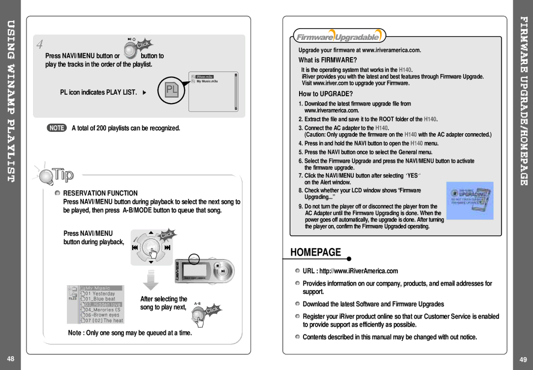 IRiver H140 Homepage, PL icon indicates Play List, Reservation Function, What is FIRMWARE?, How to UPGRADE? 