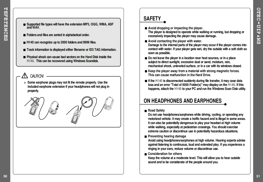 IRiver H140 instruction manual Avoid dropping or impacting the player, Avoid contacting the player with water, Road Safety 