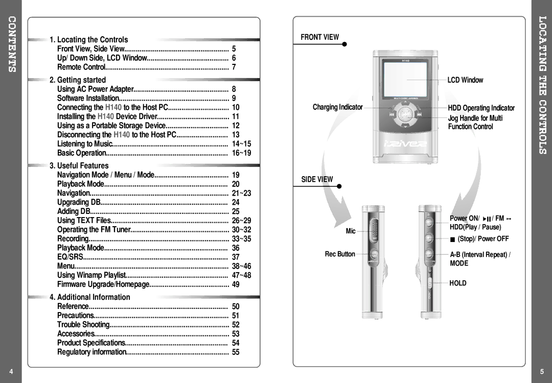 IRiver H140 instruction manual Front View, Side View, Mode, Hold 