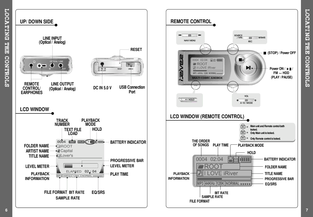 IRiver H140 instruction manual UP/ Down Side, LCD Window Remote Control 