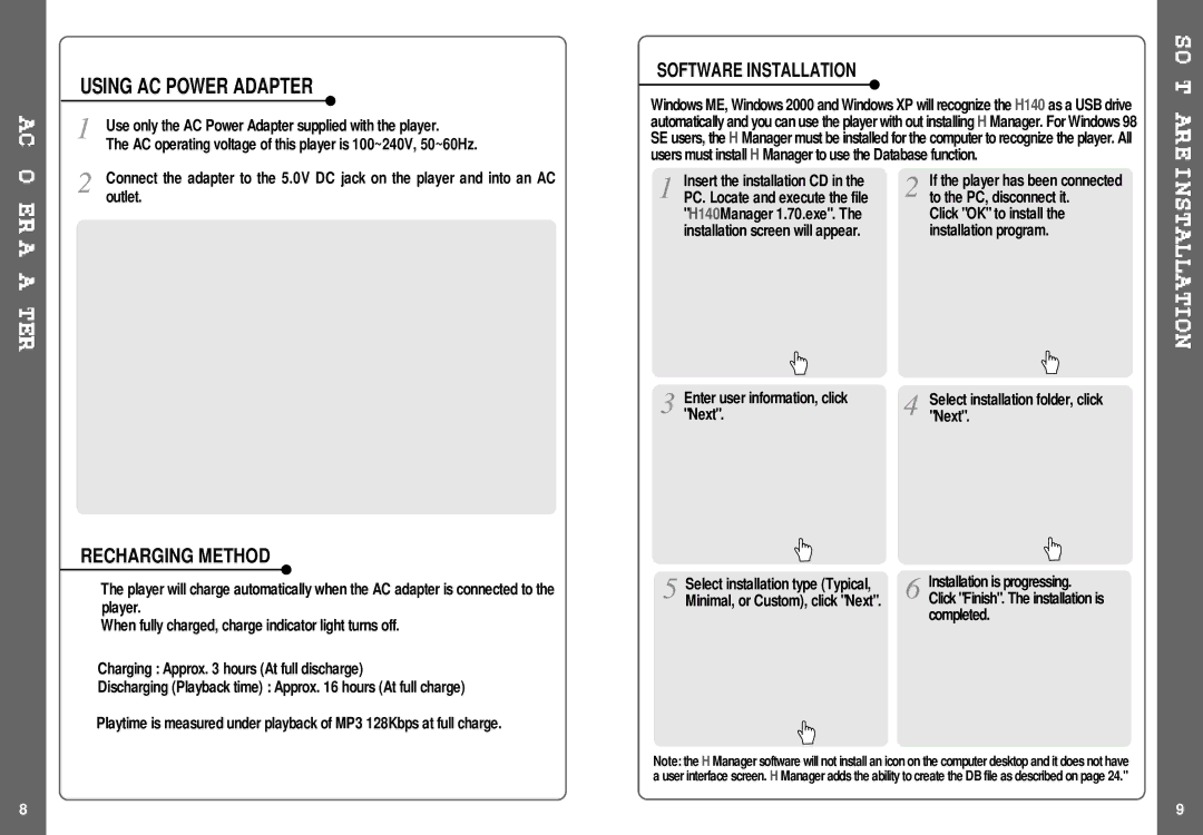 IRiver H140 instruction manual Recharging Method, Software Installation 