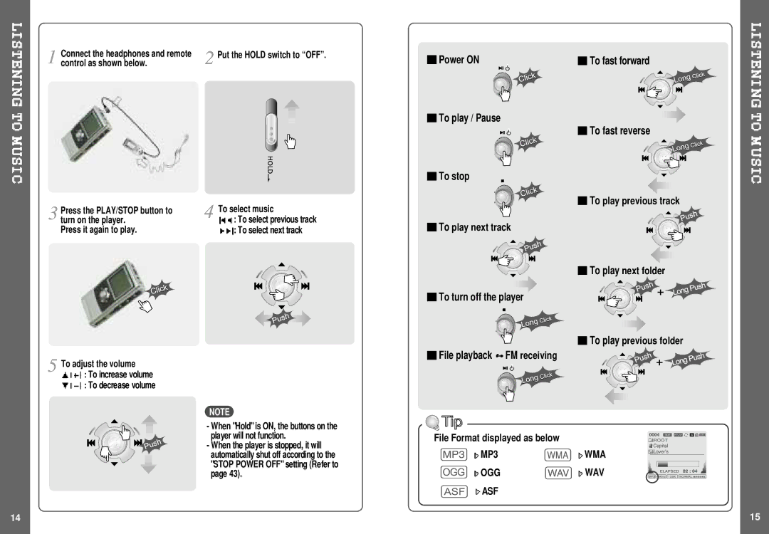 IRiver H140 instruction manual To play previous folder, MP3, Ogg, Asf 