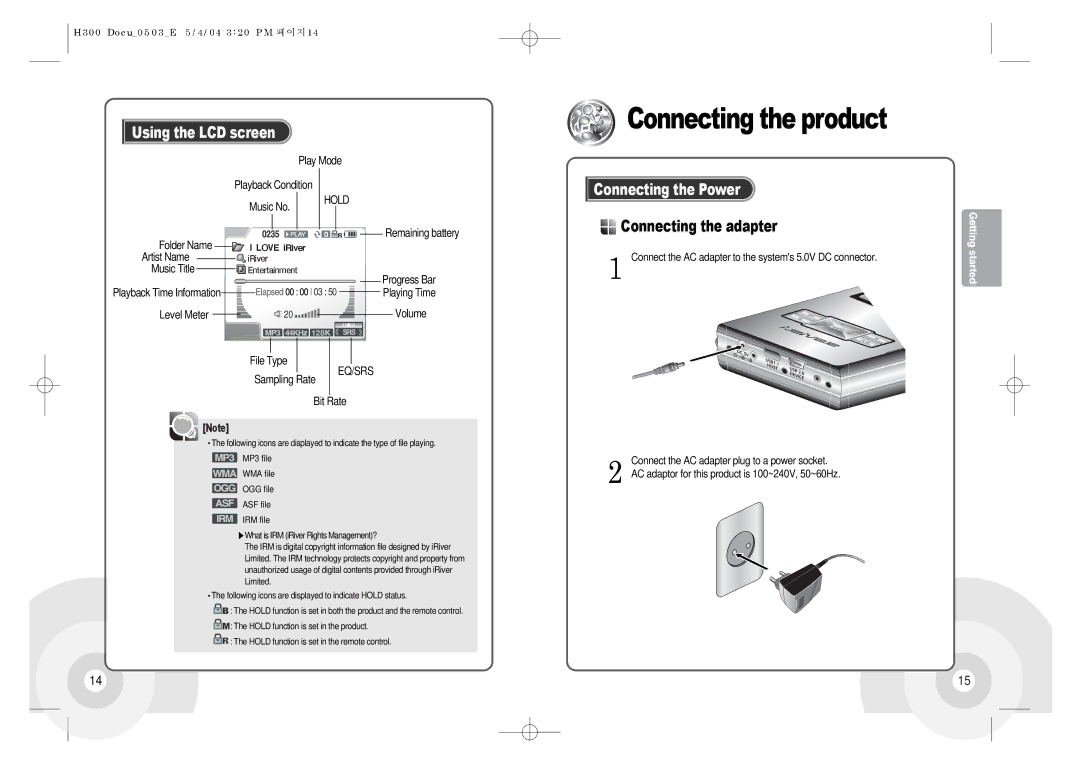 IRiver H300 instruction manual Connecting the product, Using the LCD screen, Connecting the Power, Connecting the adapter 