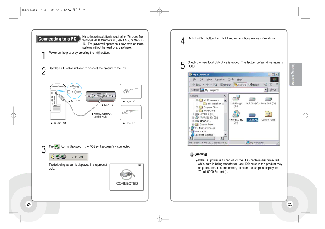 IRiver H300 instruction manual Connecting to a PC, Systems without the need for any software 