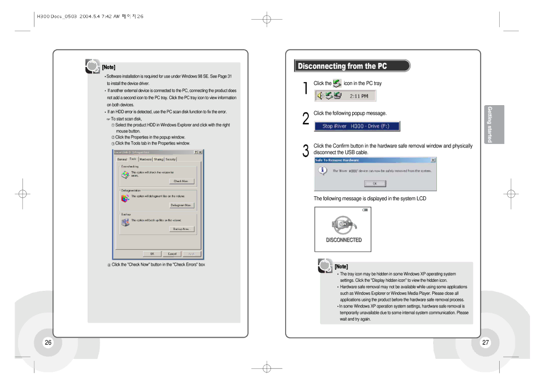 IRiver H300 instruction manual Disconnecting from the PC 